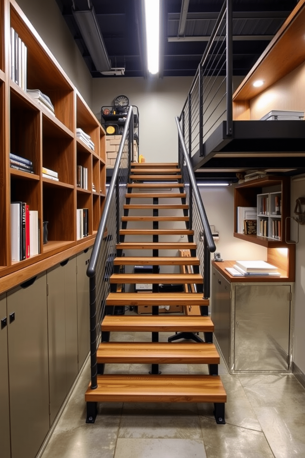 A modern staircase featuring integrated shelving units seamlessly blends functionality with style. The wooden steps are complemented by open shelving on either side, adorned with books and decorative items. The garage staircase showcases a sleek design with metal railings and built-in storage solutions. Bright LED lighting highlights the industrial materials, creating an inviting atmosphere in this practical space.