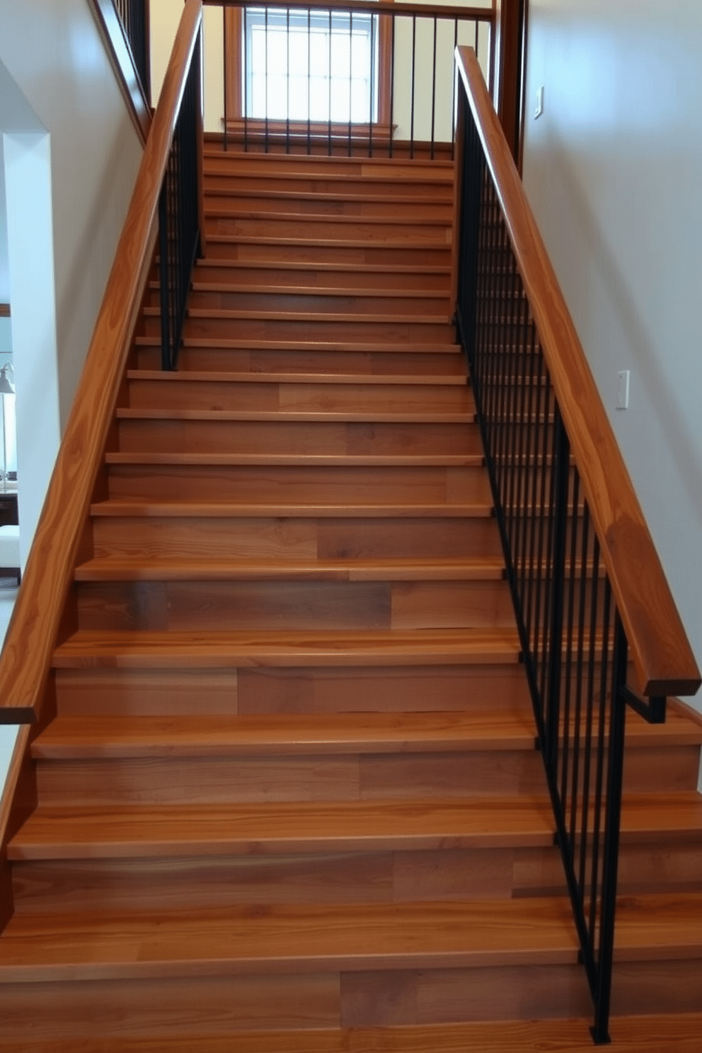 A striking staircase made of reclaimed barn wood, showcasing its natural grain and texture. The steps are wide and sturdy, leading up to a spacious landing that features rustic metal railings. The design incorporates ambient lighting that highlights the wood's rich tones. Below the staircase, a cozy nook is created for storage, blending functionality with aesthetic appeal.