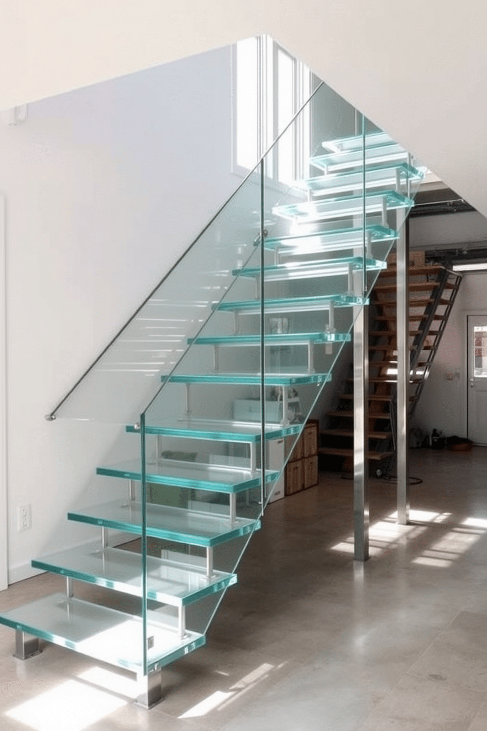 A stunning glass staircase with sleek stainless steel supports creates an airy and modern focal point in the space. The transparent steps allow light to flow freely, enhancing the overall brightness of the interior. An innovative garage staircase design incorporates durable materials and functional elements. The staircase features a combination of wood and metal, offering a stylish yet practical solution for transitioning between levels.