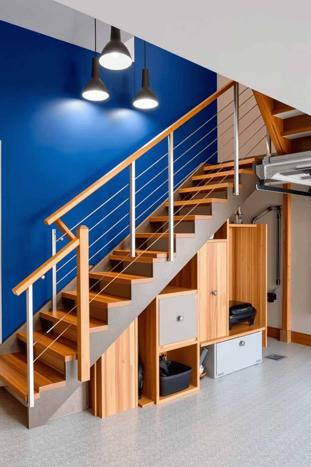 A stunning staircase design featuring a vibrant accent wall painted in a bold, deep blue. The staircase is adorned with sleek, modern railings and illuminated by stylish pendant lights that enhance the colorful backdrop. The garage staircase incorporates functional storage solutions beneath the steps, blending practicality with aesthetic appeal. A combination of warm wood tones and metal accents creates a contemporary look that seamlessly integrates with the overall garage design.