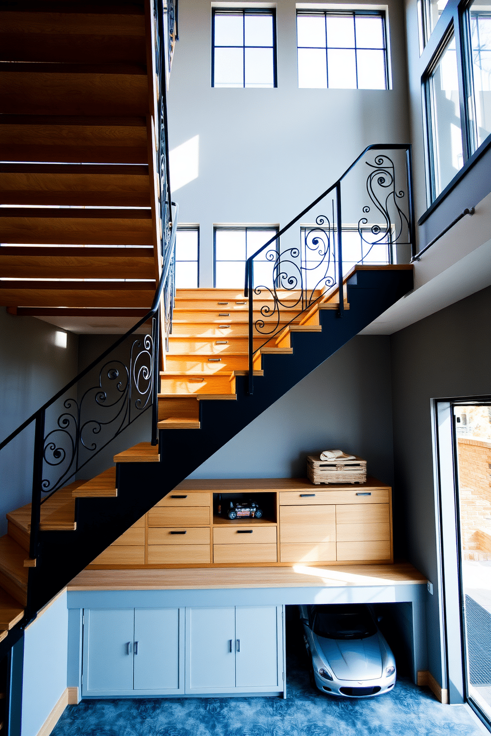 A stunning open staircase features elegant decorative side panels made of wrought iron, adding a touch of sophistication. The wooden steps, finished in a warm oak tone, create a striking contrast against the sleek, modern design. The staircase is illuminated by natural light streaming through large windows, enhancing the airy feel of the space. Below, a stylish garage area showcases functional storage solutions that blend seamlessly with the overall aesthetic.