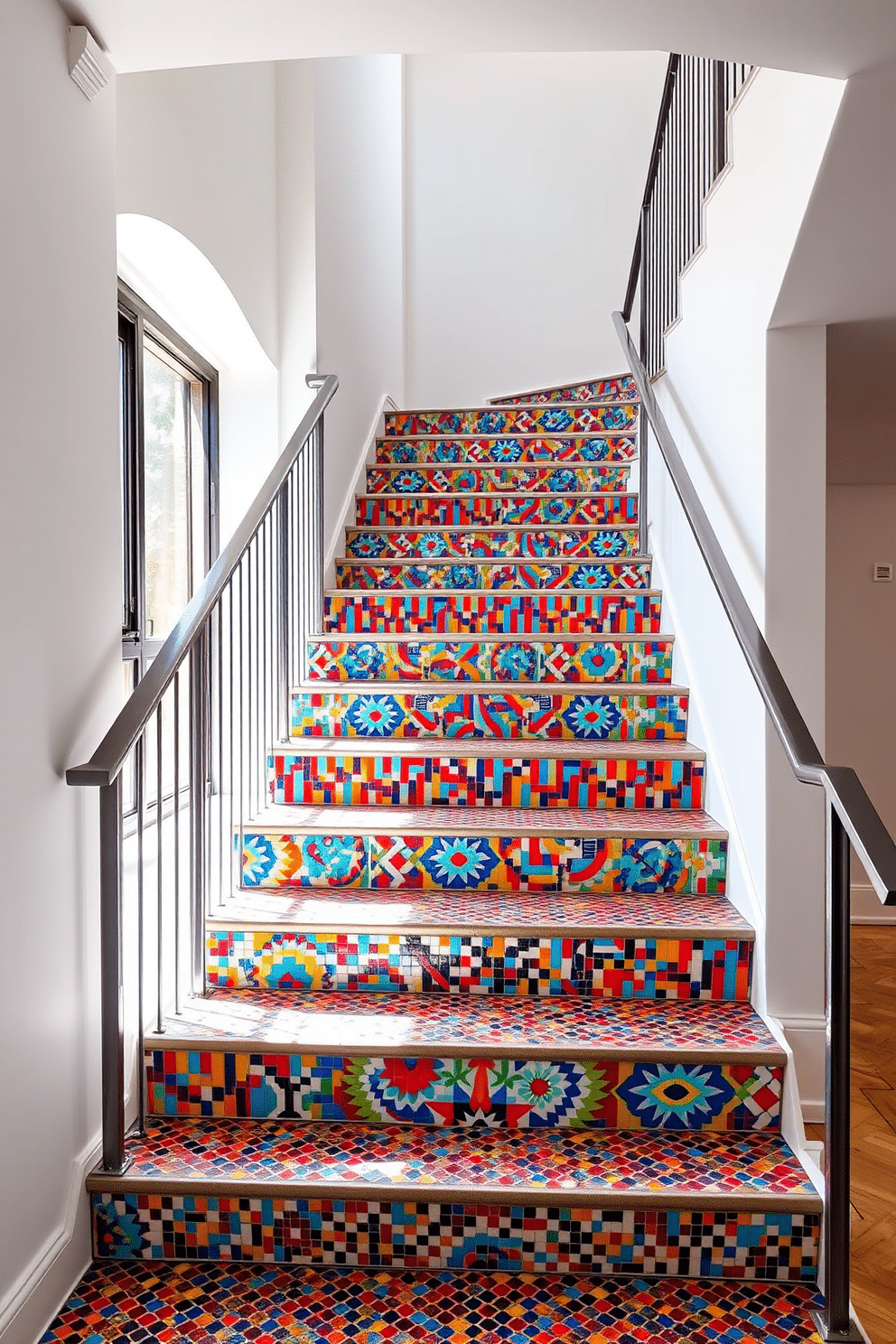 A stunning staircase features vibrant mosaic tile risers that create a striking visual impact. The surrounding walls are painted in a soft white, allowing the colorful tiles to stand out beautifully. The staircase is framed by sleek metal railings that add a modern touch to the design. Natural light pours in from a nearby window, illuminating the intricate patterns of the mosaic tiles.