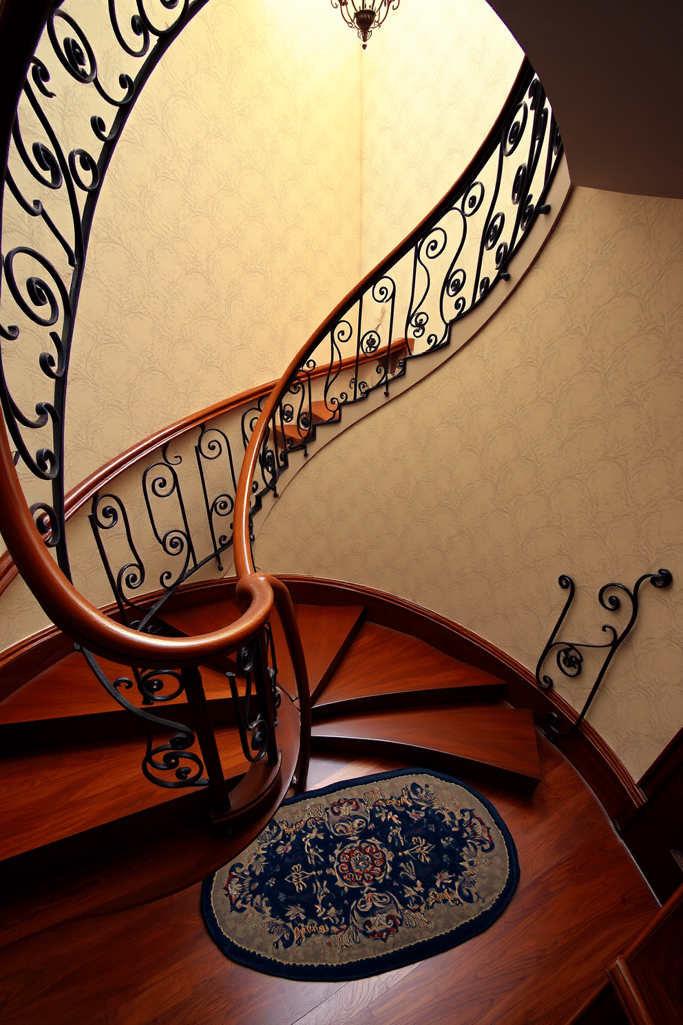 A vintage spiral staircase winds elegantly upward, featuring intricate wrought iron railings and a polished wooden handrail. The steps are made of rich mahogany, showcasing a warm, inviting sheen that contrasts beautifully with the soft, ambient lighting above. The surrounding walls are adorned with vintage wallpaper, adding a touch of nostalgia to the space. A decorative area rug at the base of the staircase enhances the charm, creating a cozy atmosphere that invites exploration.