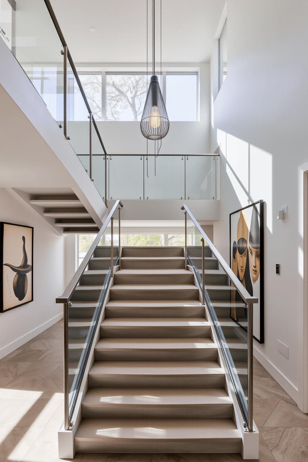 A contemporary staircase featuring bold geometric shapes, with sleek metal railings and a glass balustrade that allows natural light to flow through. The steps are made of polished concrete, creating a modern aesthetic, while a striking pendant light hangs above, casting interesting shadows. Incorporating innovative design elements, the staircase seamlessly connects different levels of the home, adding a dynamic focal point to the entryway. The surrounding walls are adorned with minimalist art pieces that enhance the contemporary feel of the space.