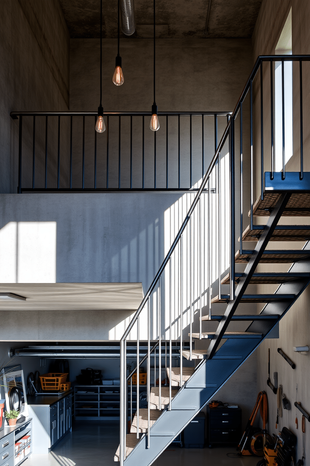 A striking industrial-style metal staircase with a sleek, open design leads to the upper level. The railing features a minimalist aesthetic, with thin metal bars that complement the staircase's raw, unfinished look. The staircase is illuminated by pendant lights hanging from the ceiling, casting dramatic shadows on the textured concrete walls. Below, a spacious garage area showcases an organized layout, with ample storage solutions integrated into the design.