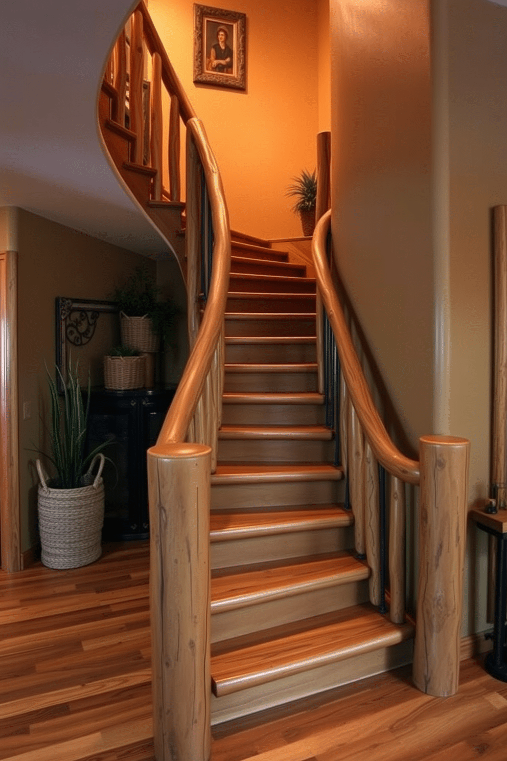 A rustic staircase featuring log accents winds gracefully upwards, showcasing the natural texture and warmth of the wood. The handrails are crafted from sturdy logs, complementing the earthy tones of the surrounding walls and floor. The staircase is illuminated by warm, ambient lighting that highlights the unique grain of each log. Decorative elements, such as woven baskets and potted plants, are strategically placed to enhance the rustic charm of the space.