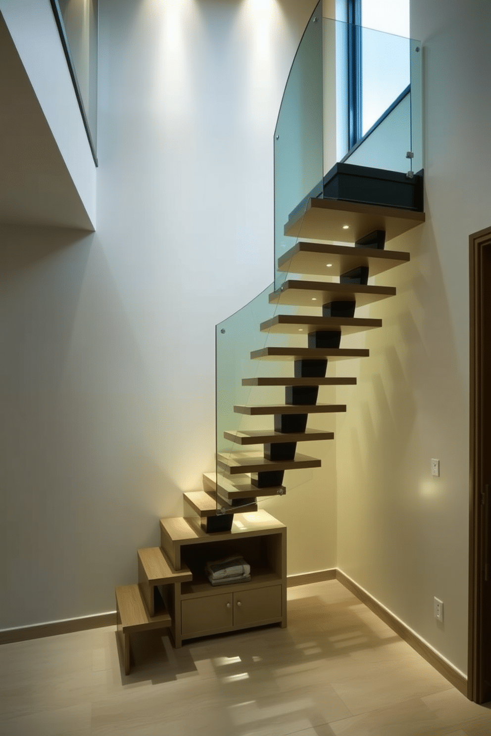 A striking modern staircase features cantilevered steps that appear to float elegantly against a backdrop of sleek, minimalist walls. The staircase is illuminated by recessed lighting that highlights the clean lines and contemporary materials, creating a stunning focal point in the entryway. The design incorporates a glass railing that adds a sense of openness and sophistication, allowing natural light to flow through the space. Below the staircase, a small, stylish storage area is cleverly integrated, showcasing a blend of functionality and aesthetic appeal.