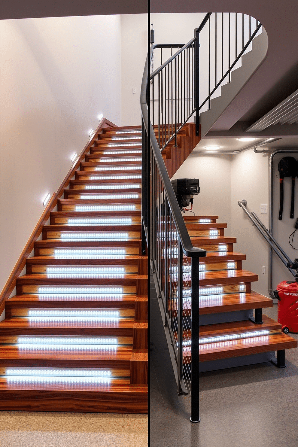 A modern staircase featuring hidden LED lighting subtly integrated under each tread, creating an ambient glow that enhances the architectural lines. The staircase is crafted from rich hardwood, with a sleek metal railing that complements the contemporary design. The garage staircase is designed with practicality in mind, featuring durable materials that withstand heavy use while maintaining aesthetic appeal. The walls are adorned with functional storage solutions, and the steps are wide enough to allow for easy access to the upper level.