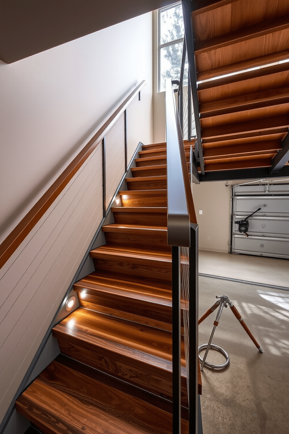 A striking staircase features a blend of rich wooden treads and sleek metal railings, creating a modern yet warm aesthetic. The open design allows natural light to cascade down, highlighting the unique textures of the materials. In a garage setting, the staircase incorporates durable materials that withstand wear and tear, while maintaining an elegant look. Strategic lighting along the steps enhances safety and showcases the craftsmanship of the design.