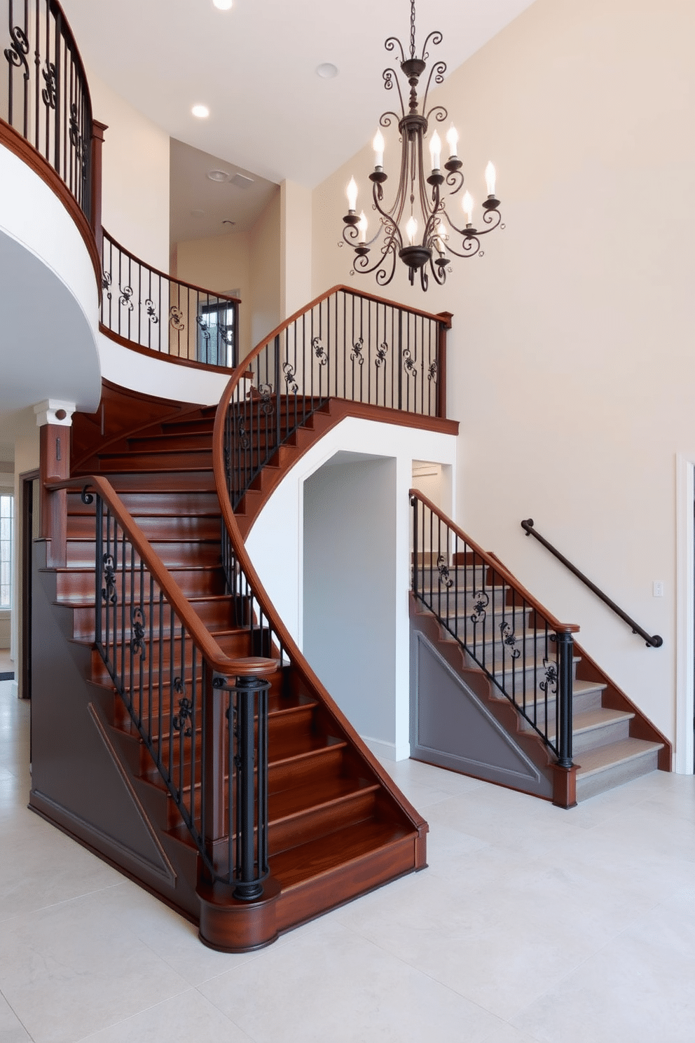 A grand staircase with a rich stained wood finish, featuring elegant wrought iron railings that curve gracefully. The steps are wide and inviting, illuminated by a stunning chandelier hanging from a high ceiling, creating a dramatic focal point in the entryway. A modern garage staircase designed with sleek, minimalist lines and a painted finish in a soft gray hue. This staircase incorporates built-in storage solutions beneath the steps, maximizing space while maintaining a clean and contemporary aesthetic.