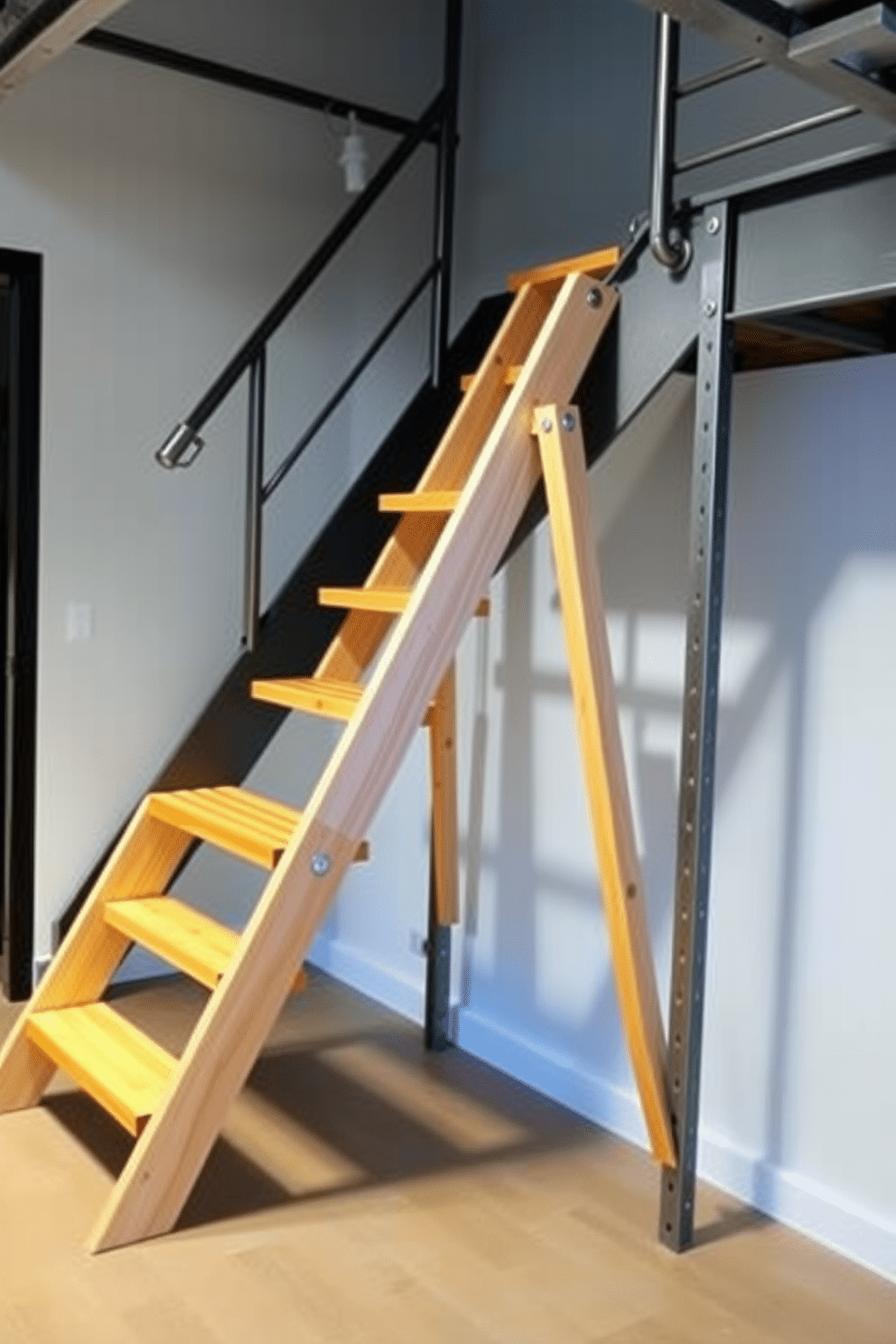 A sleek and modern foldable wooden ladder staircase design that maximizes space efficiency. The ladder features a warm wood finish with minimalist metal hardware, seamlessly blending functionality and aesthetics. An industrial-style garage staircase design that incorporates metal and wood elements for a contemporary look. The staircase showcases robust metal railings and a wooden tread, providing a sturdy yet stylish access point to the upper level.