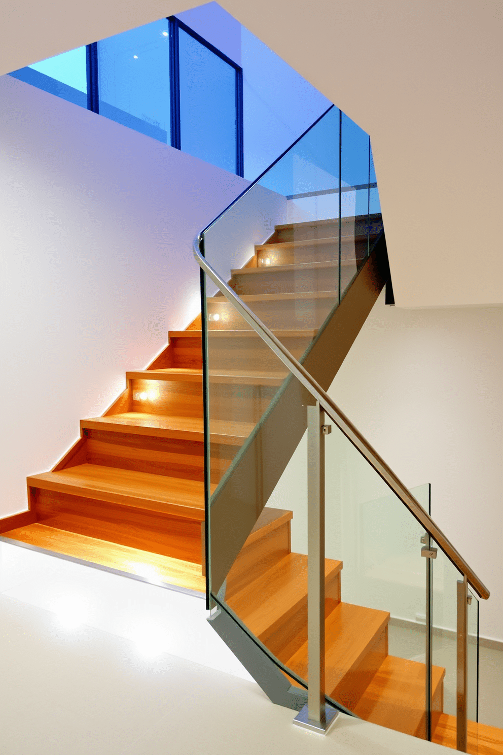 A modern staircase featuring a sleek glass railing that enhances safety while providing an open, airy feel. The steps are made of polished hardwood, contrasting beautifully with the minimalist design of the glass and metal railing. The garage staircase is designed with practicality in mind, utilizing durable materials that withstand wear and tear. Ambient lighting is integrated into the staircase, highlighting its elegant lines and creating a welcoming atmosphere.