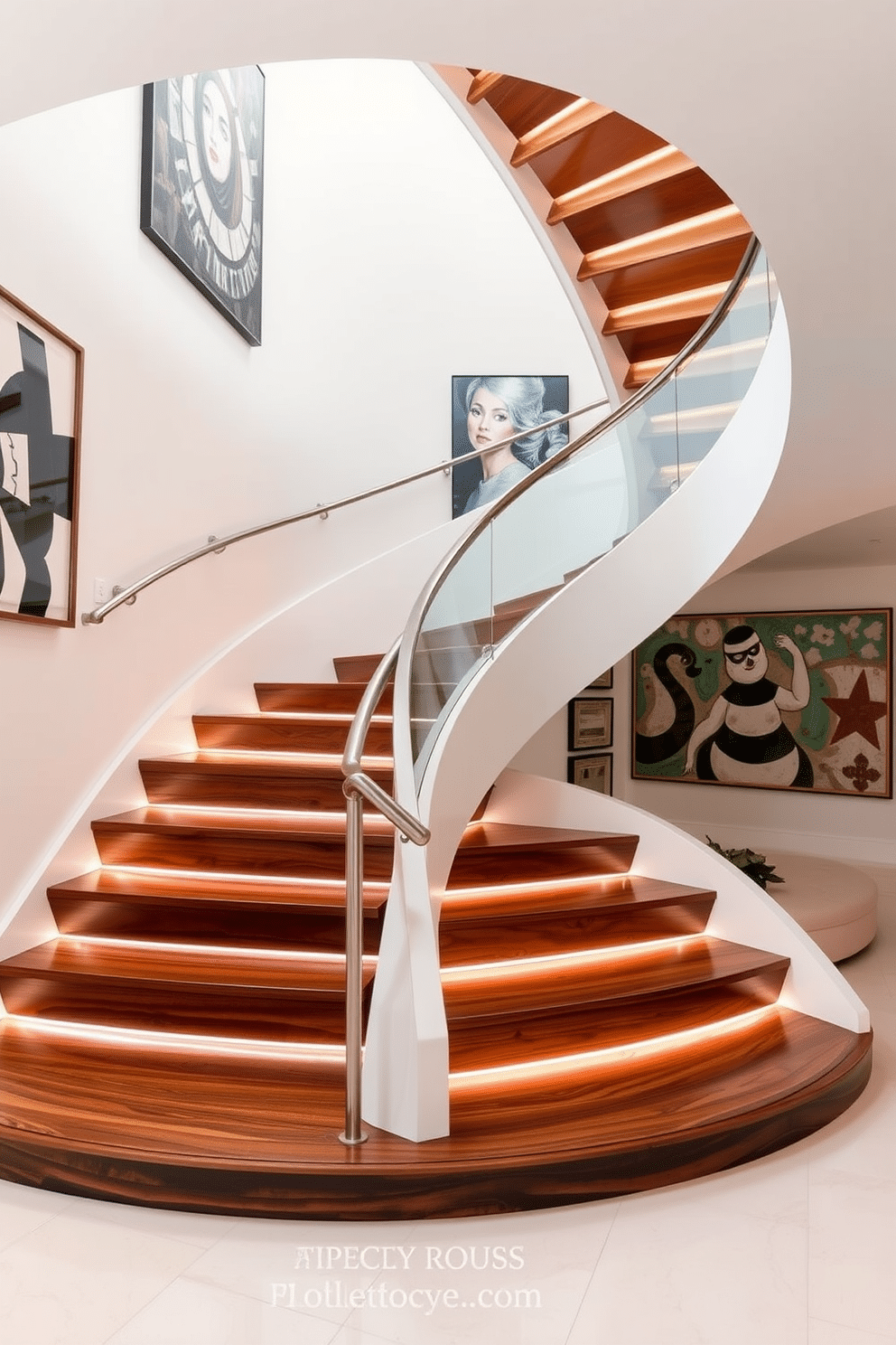 A stunning staircase with a unique sculptural design, featuring flowing curves and an open riser structure that creates a sense of lightness. The handrail is made of polished stainless steel, complementing the rich wooden treads that contrast beautifully with the white walls. Incorporating ambient lighting beneath each step enhances the visual appeal and highlights the staircase's artistic form. The surrounding space is adorned with contemporary artwork, creating a harmonious blend of functionality and aesthetic elegance.