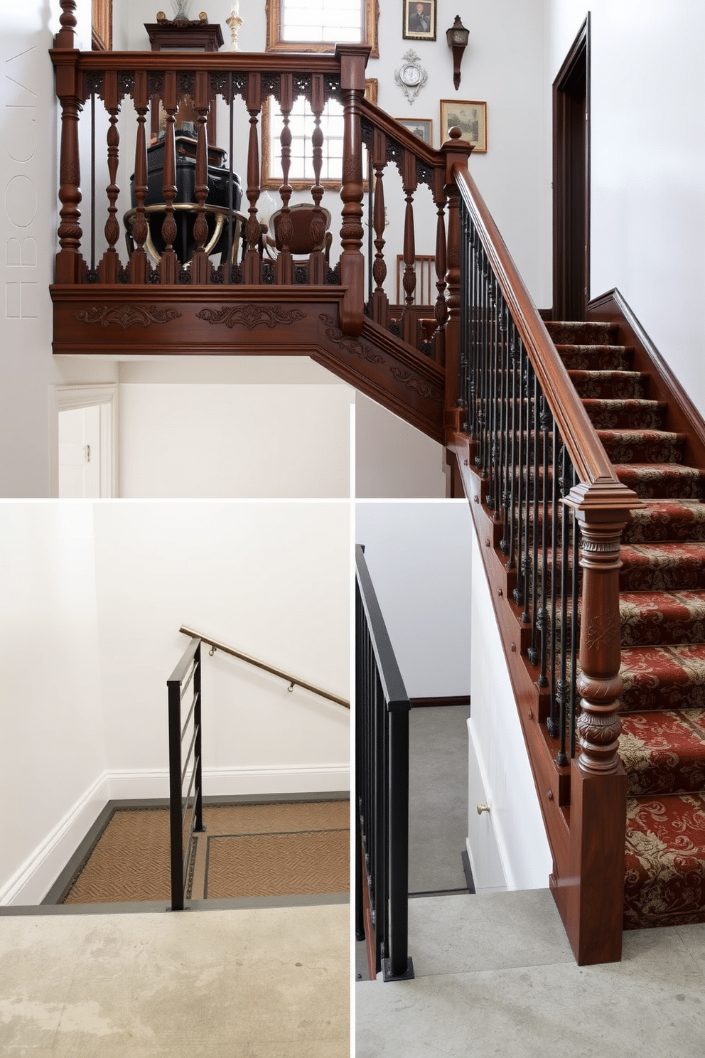 A vintage-style staircase features an ornate wooden banister with intricate carvings, leading up to a landing adorned with antique decor. The steps are covered in a rich, patterned carpet that adds warmth and character, with muted colors that complement the surrounding walls. For the garage staircase, a functional yet stylish design includes sturdy metal railings and a sleek concrete finish. The steps are lined with non-slip treads, ensuring safety while maintaining a modern aesthetic that blends seamlessly with the industrial vibe of the garage.