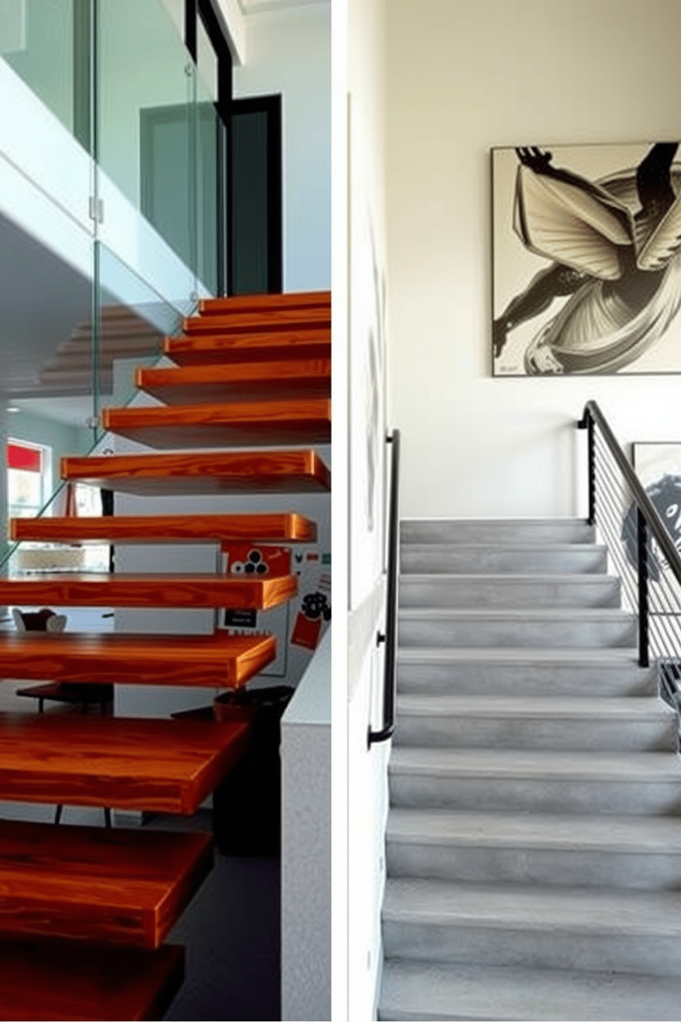 A stunning floating staircase features sleek wooden treads that appear to hover above the ground, supported by minimalistic metal brackets. Glass panels line the sides, allowing natural light to flow through and creating an open, airy feel in the space. Incorporating a modern design, the garage staircase boasts a blend of functionality and style, with sturdy concrete steps and a stylish railing. The walls are adorned with contemporary artwork, enhancing the industrial vibe while ensuring safety and accessibility.