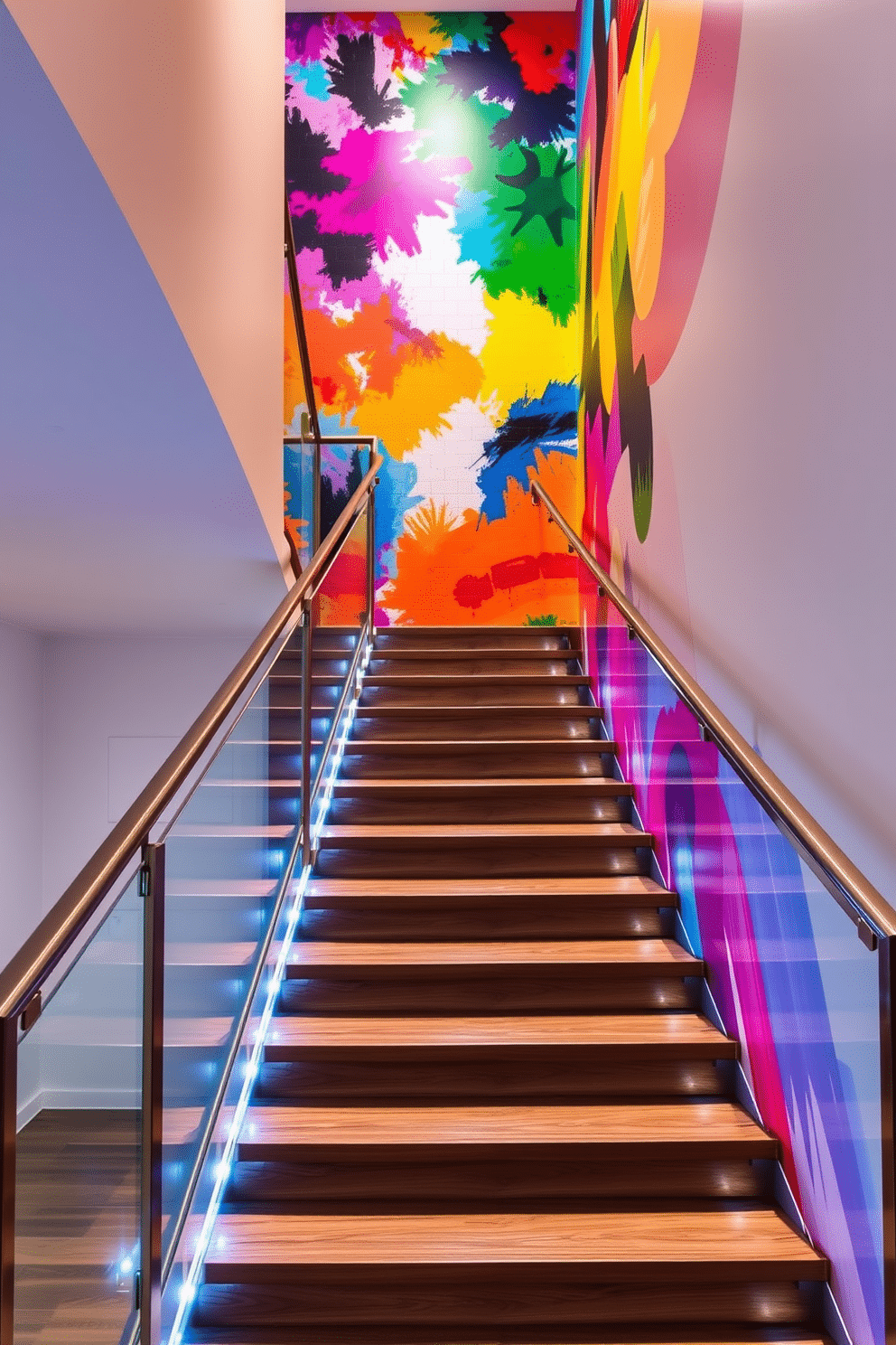 A stunning staircase design featuring a vibrant mural that serves as a captivating backdrop. The mural showcases an abstract blend of colors, creating a dynamic visual experience as you ascend the staircase. The staircase itself is crafted from sleek hardwood, with modern metal railings that complement the colorful mural. Soft LED lighting illuminates the steps, enhancing the overall aesthetic and ensuring safety while adding a touch of elegance.