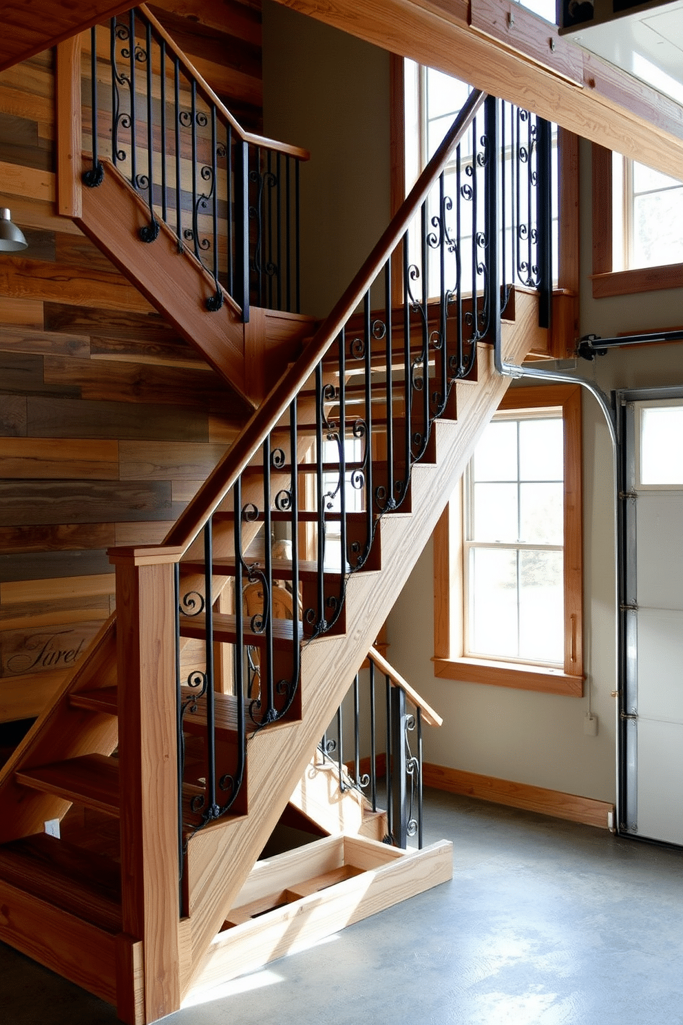 A rustic wood staircase features open risers that allow light to filter through, enhancing the natural beauty of the wood grain. The railing is crafted from wrought iron, providing a striking contrast against the warm tones of the staircase, and the surrounding walls are adorned with reclaimed wood accents. In the garage, the staircase is designed with practicality in mind, incorporating durable materials that withstand wear and tear. Large windows beside the staircase illuminate the space, creating an inviting atmosphere while showcasing the craftsmanship of the design.