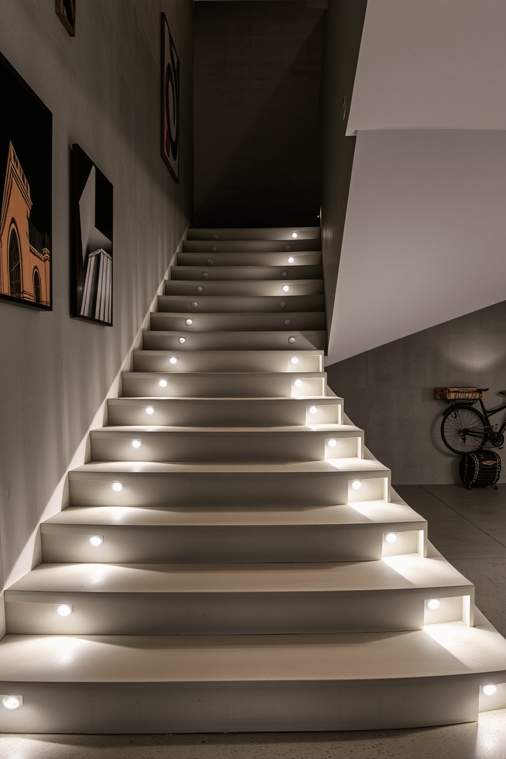 A modern concrete staircase features sleek, minimalist lines and is illuminated by integrated LED lighting that highlights its geometric form. The walls adjacent to the staircase are adorned with contemporary art pieces, creating a striking contrast against the raw concrete. In this design, the treads of the staircase are broad and inviting, while the risers have a smooth finish that enhances the overall aesthetic. The soft glow of the LED lights casts an ambient light, making the staircase a focal point of the garage space.