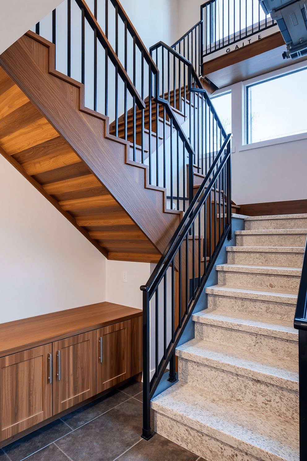 An elegant L-shaped staircase features sleek wooden steps with a polished finish, creating a striking focal point in the entryway. Beneath the staircase, custom cabinetry provides ample storage, seamlessly blending functionality with aesthetic appeal. The garage staircase design incorporates durable materials, with steel railings and textured concrete steps for a modern industrial look. Soft LED lighting illuminates the steps, enhancing safety while adding a contemporary touch to the space.