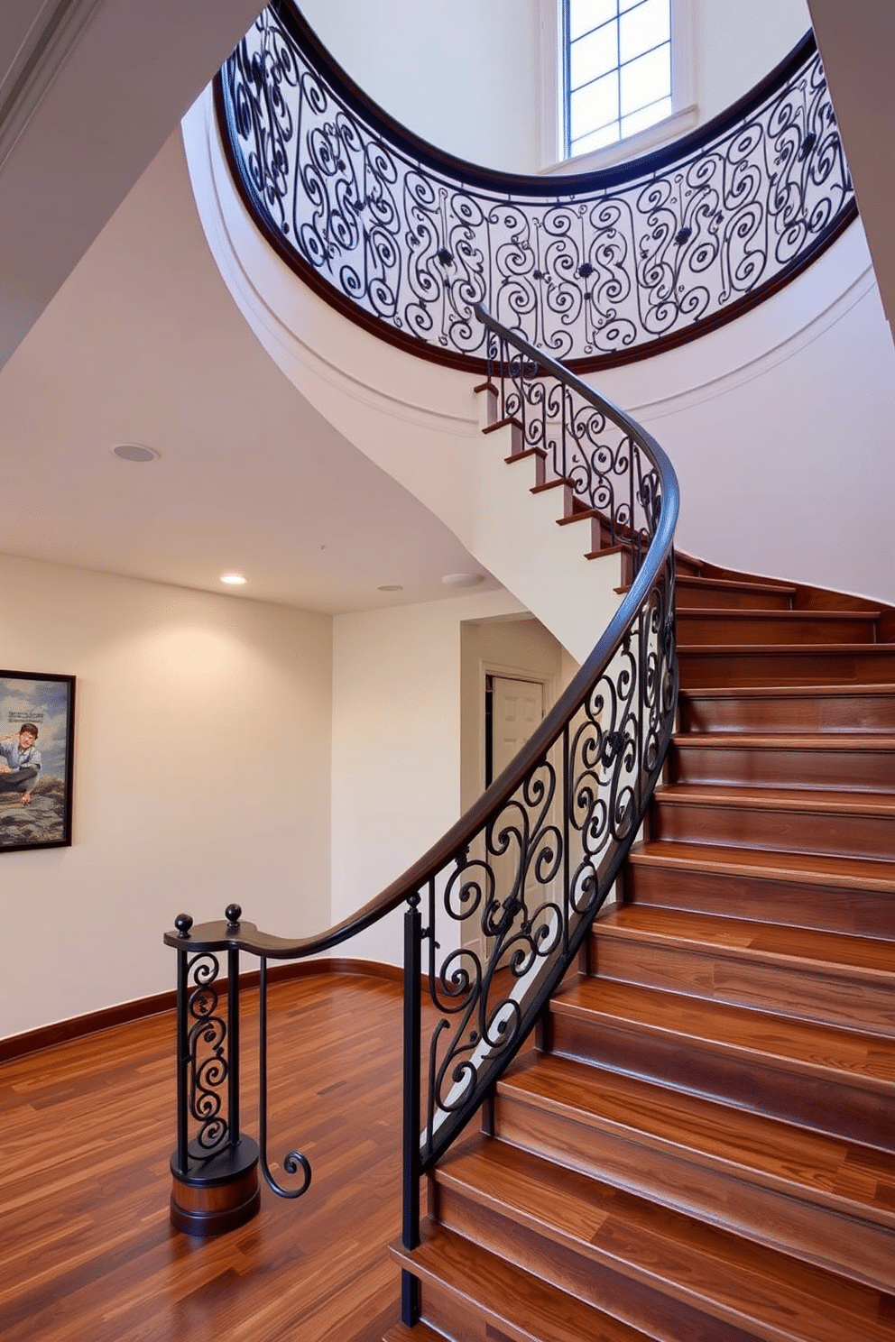 A grand curved staircase elegantly sweeps upwards, featuring intricate wrought iron railings that add a touch of sophistication. The steps are finished in rich hardwood, contrasting beautifully with the soft, ambient lighting that highlights the staircase's graceful lines. In the garage, a functional yet stylish staircase leads to an upper loft area, designed with durable materials to withstand everyday wear. The design incorporates sleek metal accents and a minimalist aesthetic, ensuring it complements the overall industrial feel of the space.