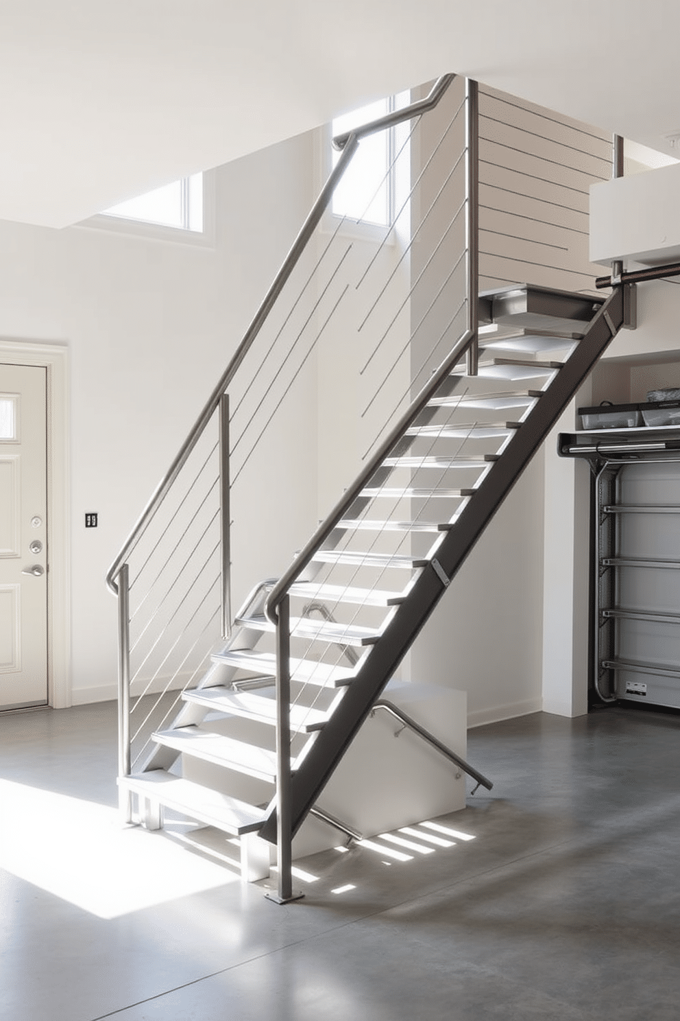 A minimalist staircase featuring a sleek metal design, characterized by open risers and a handrail that seamlessly integrates with the overall structure. The staircase is illuminated by natural light streaming in from a large window, creating a bright and airy atmosphere. In the garage, the staircase design incorporates durable materials with a contemporary aesthetic, showcasing a blend of functionality and style. The walls are painted in a neutral tone, while the flooring is finished with polished concrete, enhancing the modern look of the space.