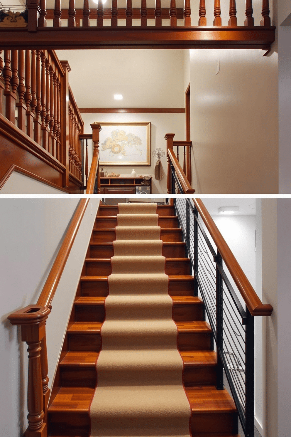 A traditional wooden staircase features a beautifully crafted balustrade, showcasing intricate details and a rich, warm finish. The steps are wide and inviting, leading up to a spacious landing adorned with vintage artwork and a plush runner. For a garage staircase design, consider a functional yet stylish approach with sturdy metal railings and non-slip treads. The staircase is illuminated by recessed lighting, enhancing the modern aesthetic while ensuring safety and accessibility.