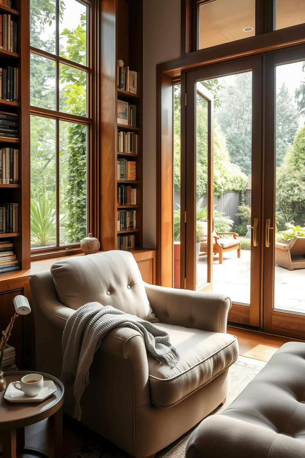 Cozy reading nook with garden view. A plush armchair in soft, muted fabric is positioned near a large window, allowing natural light to flood the space. Surrounding the chair are built-in bookshelves filled with an eclectic mix of books and decorative items. A small side table holds a steaming cup of tea and a cozy throw blanket draped over the armrest. Garden Home Library Design Ideas. The library features large glass doors that open to a lush garden, creating a seamless indoor-outdoor connection. Rich wooden shelves line the walls, showcasing an extensive collection of books, while a comfortable sofa invites relaxation amidst the greenery.