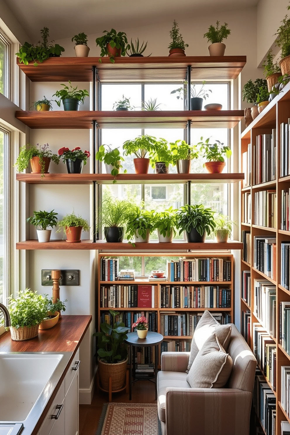 Open shelving adorned with vibrant potted herbs creates a refreshing and inviting atmosphere. The shelves are crafted from reclaimed wood, adding warmth and character to the space, while the sunlight filters through large windows, enhancing the greenery. The garden home library features a cozy reading nook with plush seating and a small side table. Bookshelves line the walls, filled with an eclectic mix of books and decorative items, complemented by soft, ambient lighting to create a tranquil retreat.