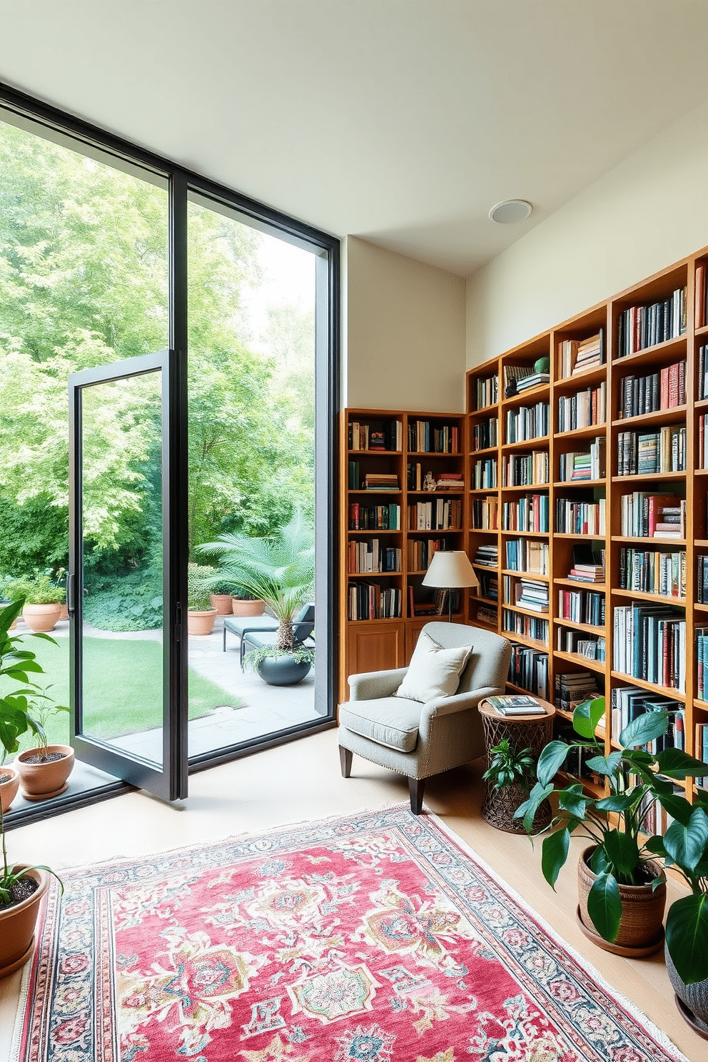 A serene home library featuring large glass doors that open to a lush private garden, allowing natural light to flood the space. The library is adorned with floor-to-ceiling bookshelves filled with an eclectic collection of books, and a cozy reading nook with a plush armchair and a small side table. The walls are painted in a soft, calming hue, complemented by rich wooden accents throughout the room. A vintage rug anchors the space, while potted plants add a touch of greenery, seamlessly connecting the indoor and outdoor environments.