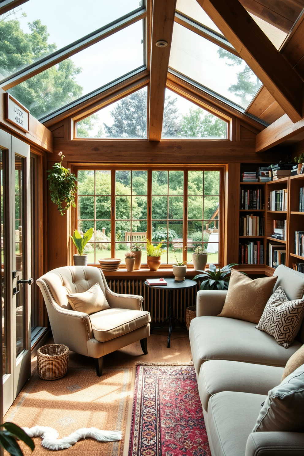 A charming garden shed serves as a cozy reading retreat, featuring large windows that allow natural light to flood the space. Inside, a comfortable armchair is positioned next to a small side table, surrounded by shelves filled with books and potted plants. The garden home library is designed with a rustic yet elegant aesthetic, showcasing wooden beams and a warm color palette. Plush seating areas are arranged for relaxation, with soft rugs underfoot and a large window offering views of the lush garden outside.