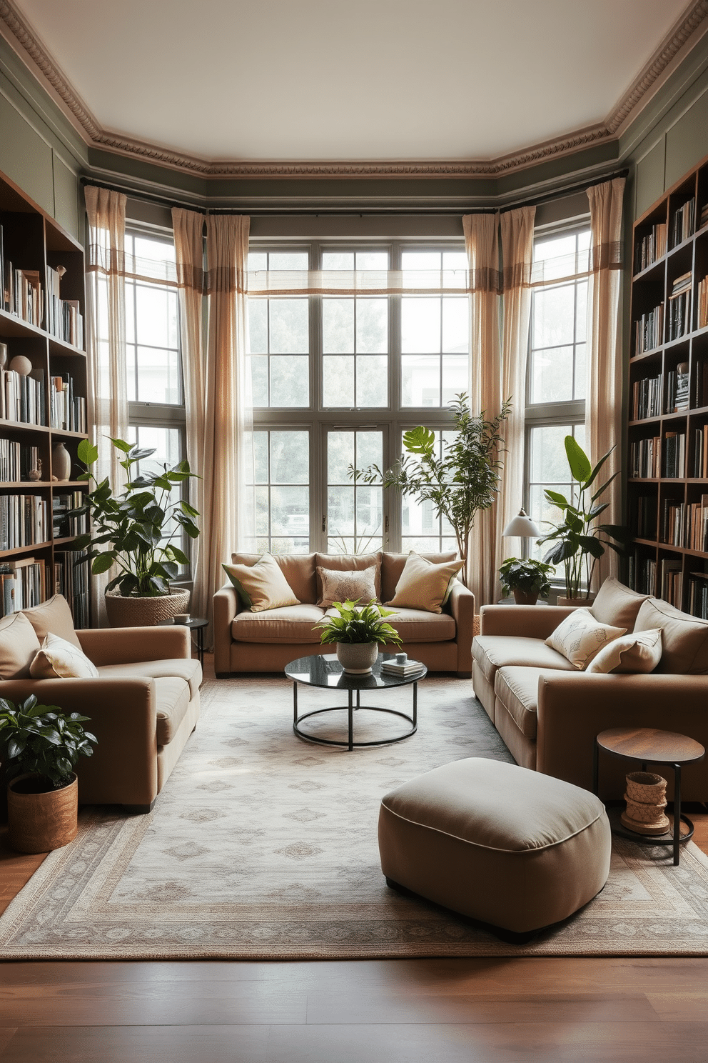 A serene garden home library filled with soft textiles in earthy tones. Plush seating arrangements in warm browns and muted greens create a cozy reading nook surrounded by shelves of books. Natural light filters through large windows adorned with sheer linen curtains, casting a gentle glow on the space. A large area rug with a subtle pattern anchors the seating, while potted plants add a touch of nature to the inviting atmosphere.