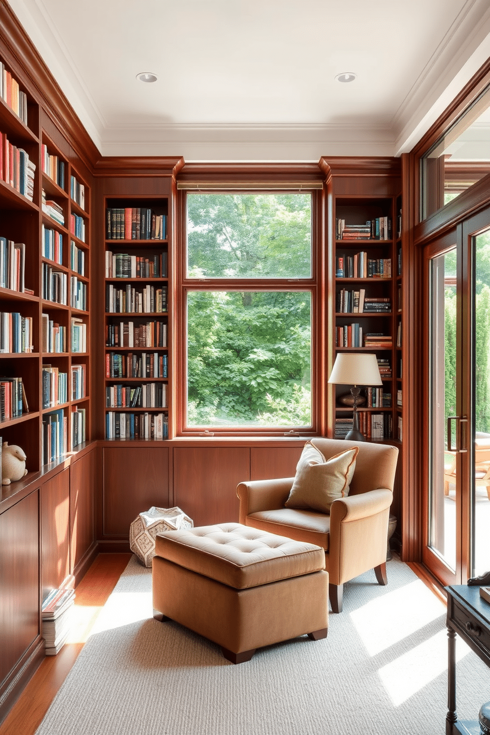 A multi-functional space that seamlessly integrates a cozy reading nook and a small home office. Large glass doors open up to a lush garden, allowing natural light to flood the room and providing a serene view of the greenery outside. The garden home library features floor-to-ceiling bookshelves made of rich mahogany, filled with an eclectic collection of books. A comfortable armchair and a stylish ottoman are positioned near a window, creating an inviting spot for relaxation and reading.