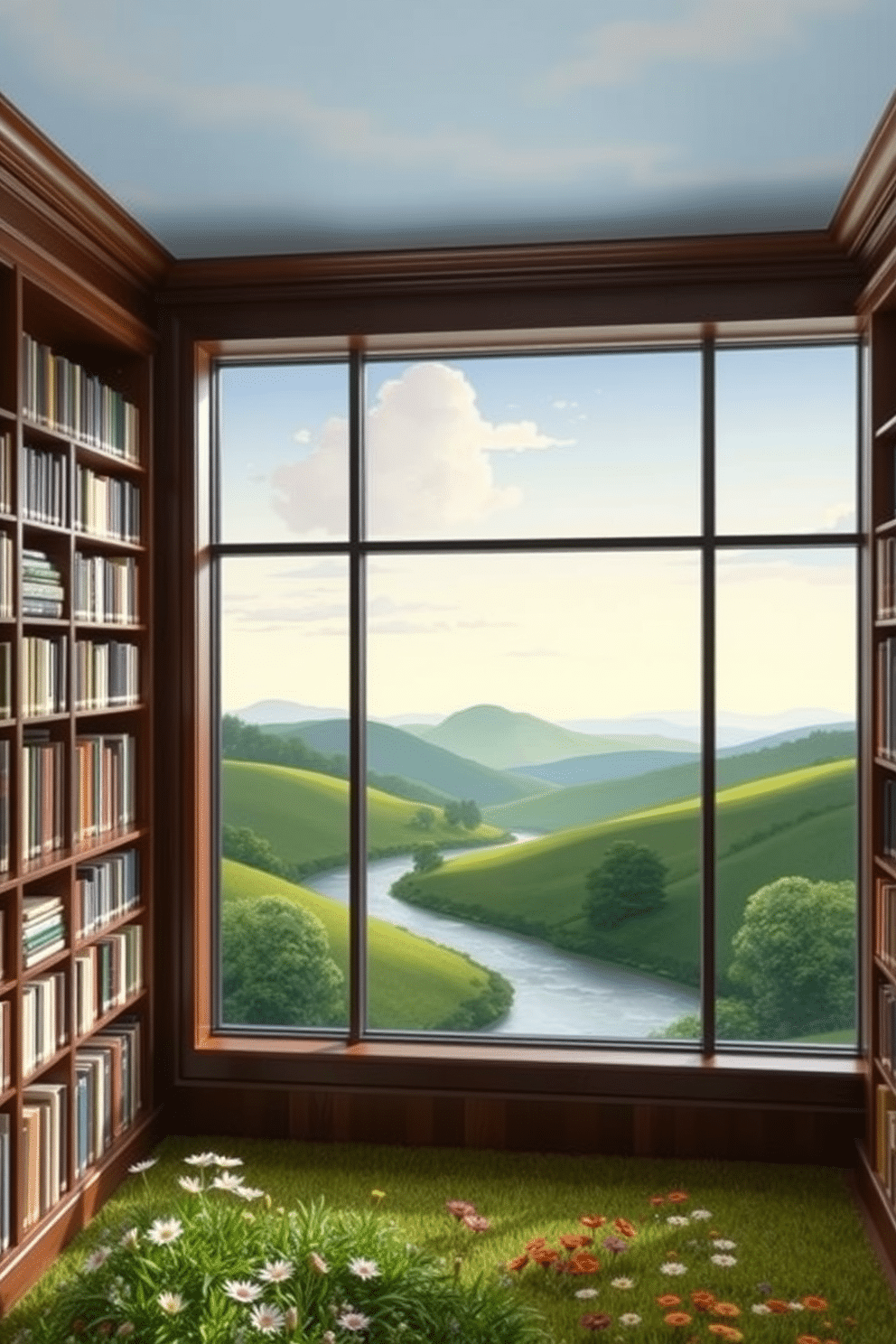 Artistic mural of a serene landscape. The mural features rolling hills under a soft blue sky, with a tranquil river flowing through a lush green valley, dotted with wildflowers. Garden Home Library Design Ideas. The library is filled with floor-to-ceiling bookshelves made of rich mahogany, and large windows allow natural light to flood the space, showcasing the vibrant garden outside.