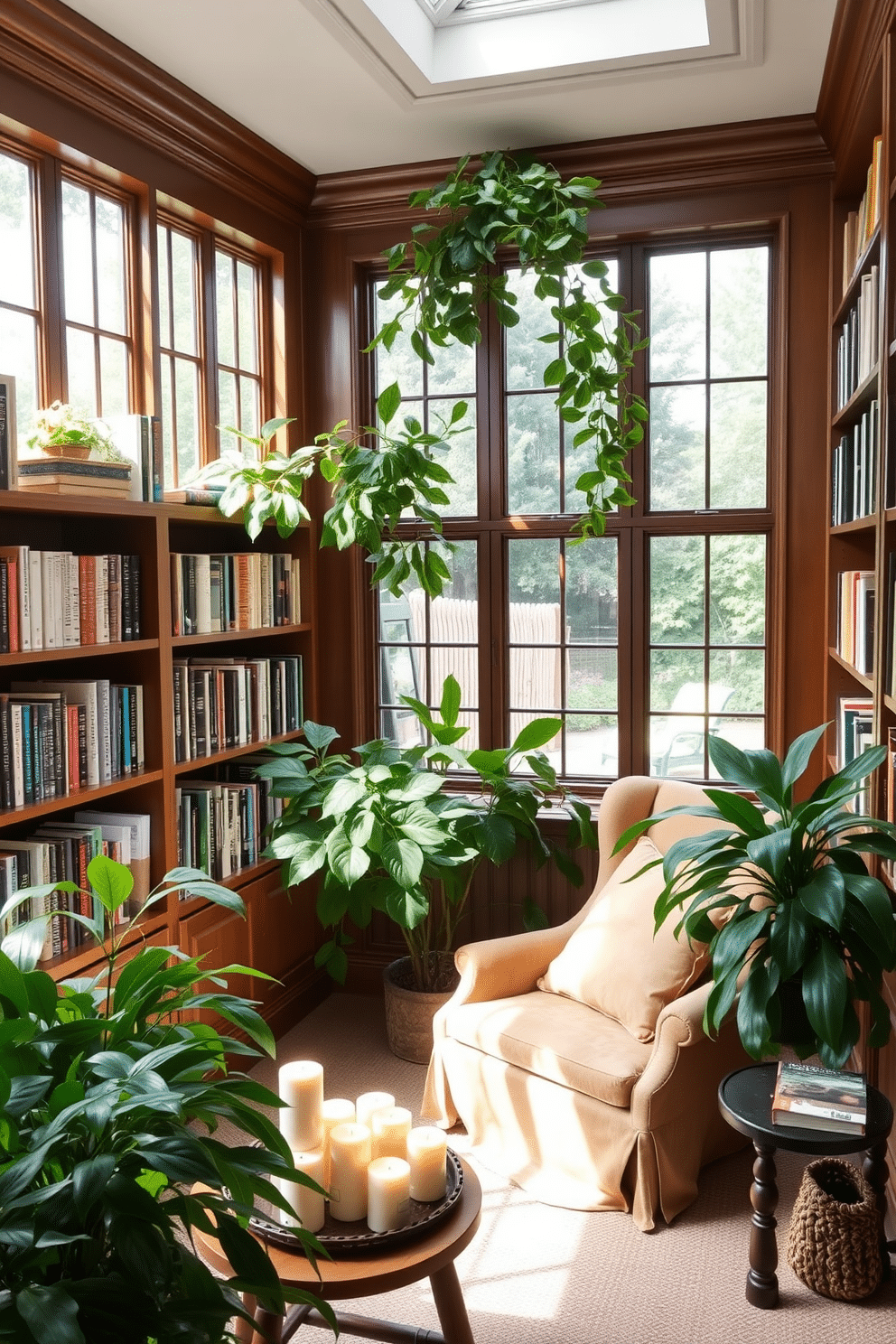 A serene garden home library filled with natural light. The walls are lined with built-in wooden bookshelves, showcasing a variety of books and decorative items. In the center, a comfortable reading nook features a plush armchair upholstered in soft fabric, surrounded by lush indoor plants. Nearby, a small table holds an assortment of scented candles, creating a calming atmosphere perfect for relaxation and inspiration.