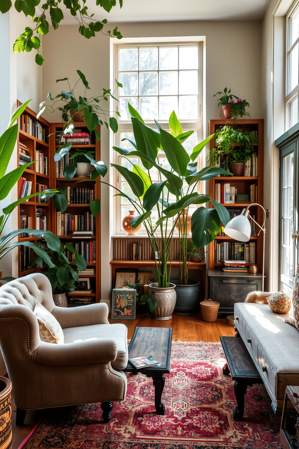 A cozy garden home library featuring vintage furniture, including a plush, tufted armchair and a distressed wooden coffee table. The walls are adorned with built-in bookshelves filled with an eclectic mix of modern and classic literature, surrounded by lush greenery from large potted plants. Natural light streams in through large windows, illuminating the space with a warm glow. A vintage rug adds a touch of comfort, while a modern floor lamp provides additional lighting for reading.