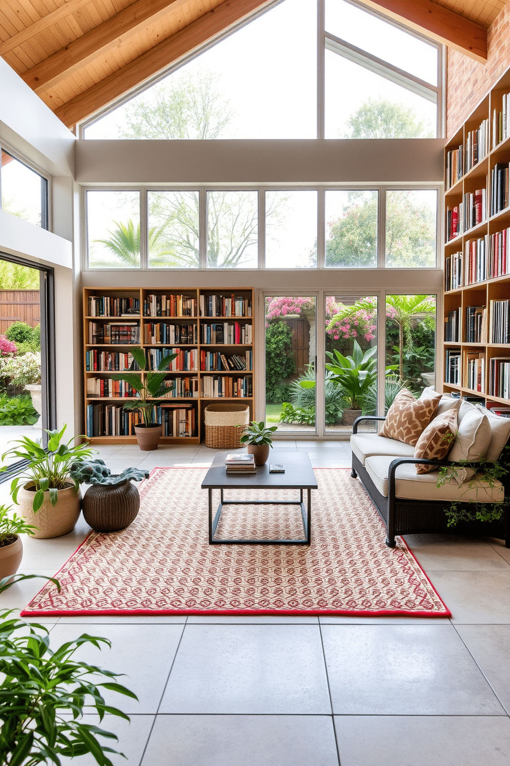 A soft, textured outdoor rug lies beneath a comfortable seating arrangement on a spacious patio, creating a warm and inviting atmosphere. Surrounding the rug are potted plants with vibrant greenery, enhancing the cozy feel of the outdoor space. The garden home library features floor-to-ceiling bookshelves filled with an eclectic collection of books, complemented by a plush reading nook with oversized cushions. Large windows allow natural light to flood the room, while a gentle breeze brings the scent of blooming flowers from the garden outside.