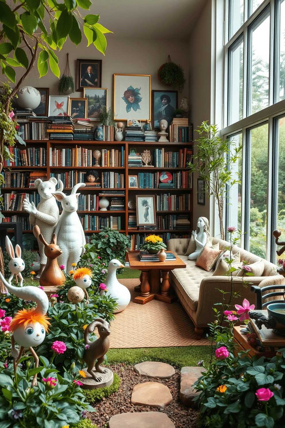 A whimsical garden filled with playful sculptures surrounds a cozy home library, creating a magical atmosphere. The sculptures, ranging from fantastical creatures to abstract forms, are strategically placed among vibrant flowers and lush greenery. Inside the library, floor-to-ceiling bookshelves are adorned with an eclectic mix of literature and art pieces. Large windows invite natural light, illuminating a comfortable reading nook with plush seating and a rustic wooden table.