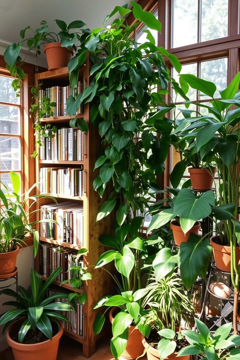 A cozy garden home library filled with natural light. Surrounding a rustic wooden bookshelf, lush indoor plants in varying sizes create a vibrant and inviting atmosphere.