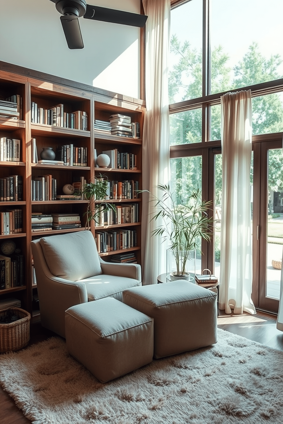 A serene reading nook bathed in natural light, featuring a cozy, oversized armchair upholstered in soft, earthy tones. Surrounding the chair is a wall of bookshelves made from reclaimed wood, filled with an eclectic mix of books and decorative items, while a bamboo plant adds a touch of greenery to the space. The floor is adorned with a plush area rug in neutral hues, creating a warm and inviting atmosphere. Large windows draped with sheer curtains offer a view of a tranquil garden, enhancing the Zen ambiance of this home library.