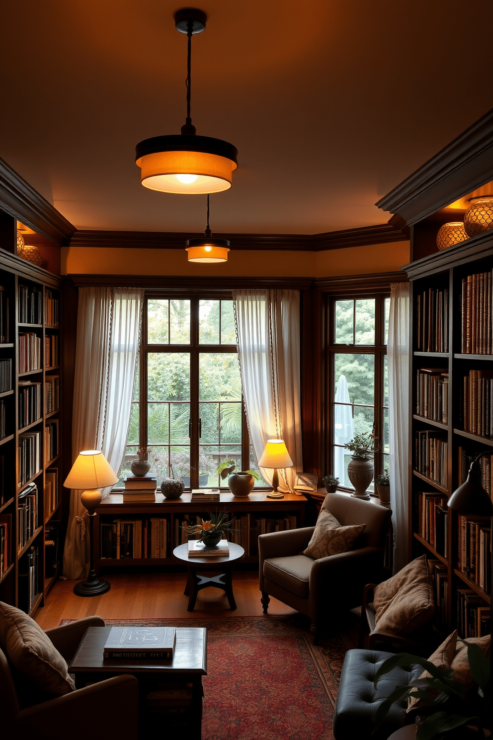 A cozy garden home library with layered lighting that creates a warm evening ambiance. Soft pendant lights hang from the ceiling, while strategically placed floor lamps illuminate the reading corners, enhancing the inviting atmosphere. The walls are lined with rich wooden bookshelves filled with an eclectic collection of books and decorative items. Large windows provide a view of the lush garden outside, with sheer curtains allowing soft natural light to filter in during the day.