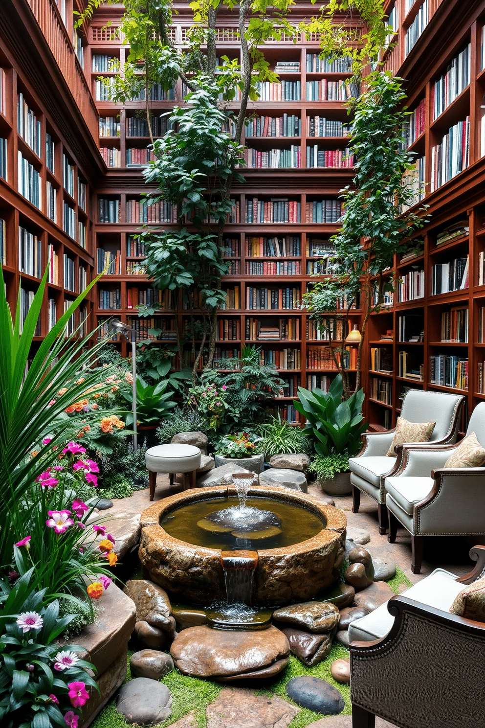 A serene small fountain sits at the center of a lush garden, surrounded by vibrant greenery and colorful flowers. The gentle sound of water cascading over smooth stones creates a tranquil atmosphere, inviting relaxation and reflection. The garden home library features floor-to-ceiling bookshelves made of rich mahogany, filled with an eclectic collection of books. Cozy reading nooks with plush armchairs and soft lighting are strategically placed throughout, offering inviting spaces for quiet contemplation and literary escape.