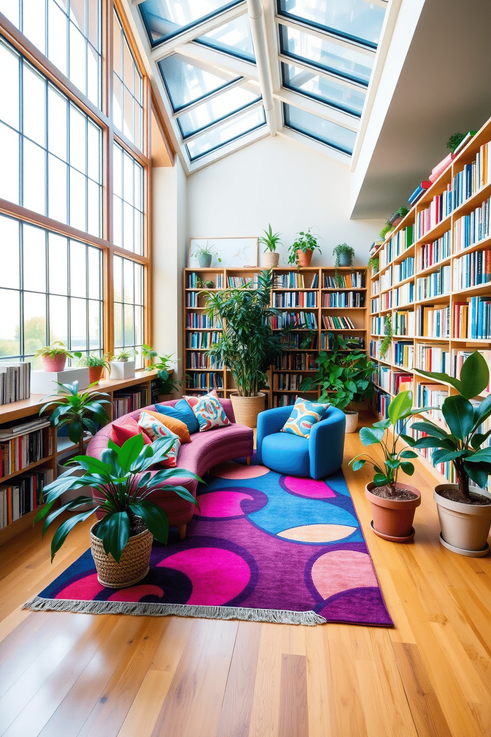 A cozy garden home library featuring large windows that allow natural light to flood the space. The walls are lined with bookshelves filled with colorful books, and a comfortable reading nook is adorned with playful, colorful cushions that invite relaxation. The flooring is a warm wooden finish, complemented by a vibrant area rug that adds a splash of color. Potted plants are strategically placed throughout the room, enhancing the connection to nature while creating a serene and inspiring atmosphere.