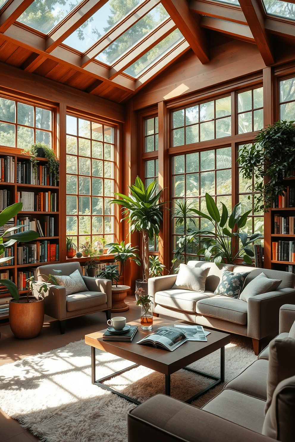 A serene garden home library filled with natural light streaming through large skylights and expansive windows. Shelves lined with books in warm wooden tones create a cozy atmosphere, while plush seating areas invite relaxation and reading. The space features a mix of indoor plants that bring a touch of nature indoors, enhancing the tranquil vibe. A soft area rug anchors the seating arrangement, and a stylish coffee table holds a selection of magazines and a steaming cup of tea.