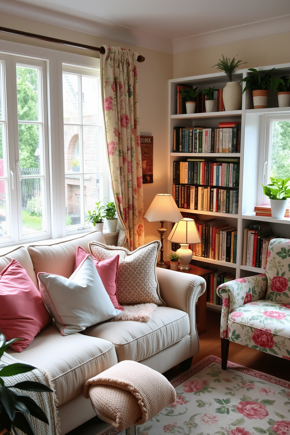 A cozy living room adorned with seasonal decor that reflects a vibrant garden theme. Soft pastel cushions and throws are arranged on a plush sofa, while floral-patterned curtains frame the windows, allowing natural light to illuminate the space. Bookshelves filled with an array of books line the walls, complemented by greenery in decorative pots placed on the shelves. A reading nook with a comfortable armchair and a small side table creates an inviting corner, complete with a garden-themed lamp and a floral print rug.