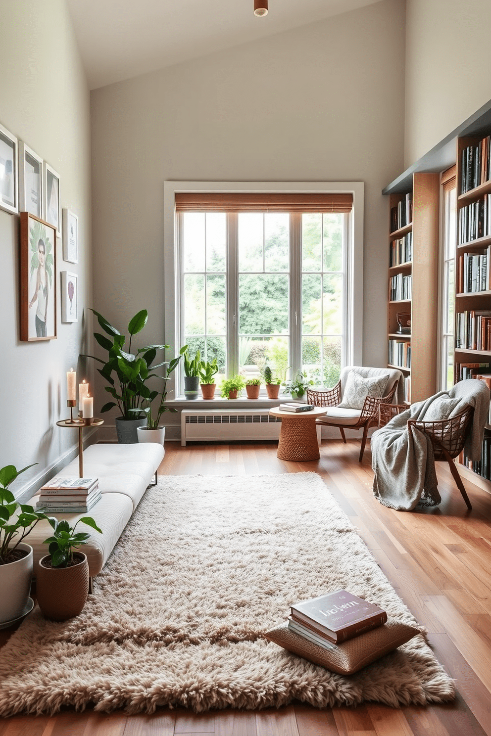 A tranquil corner designed for meditation features a soft, plush rug in calming earth tones, surrounded by potted plants that add a touch of nature. A low, cushioned bench sits against a wall, complemented by a small side table holding candles and a stack of inspiring books. The garden home library is bathed in natural light from large windows that overlook a lush garden. Shelves filled with books line the walls, while cozy reading nooks with oversized chairs and soft throws invite relaxation and contemplation.