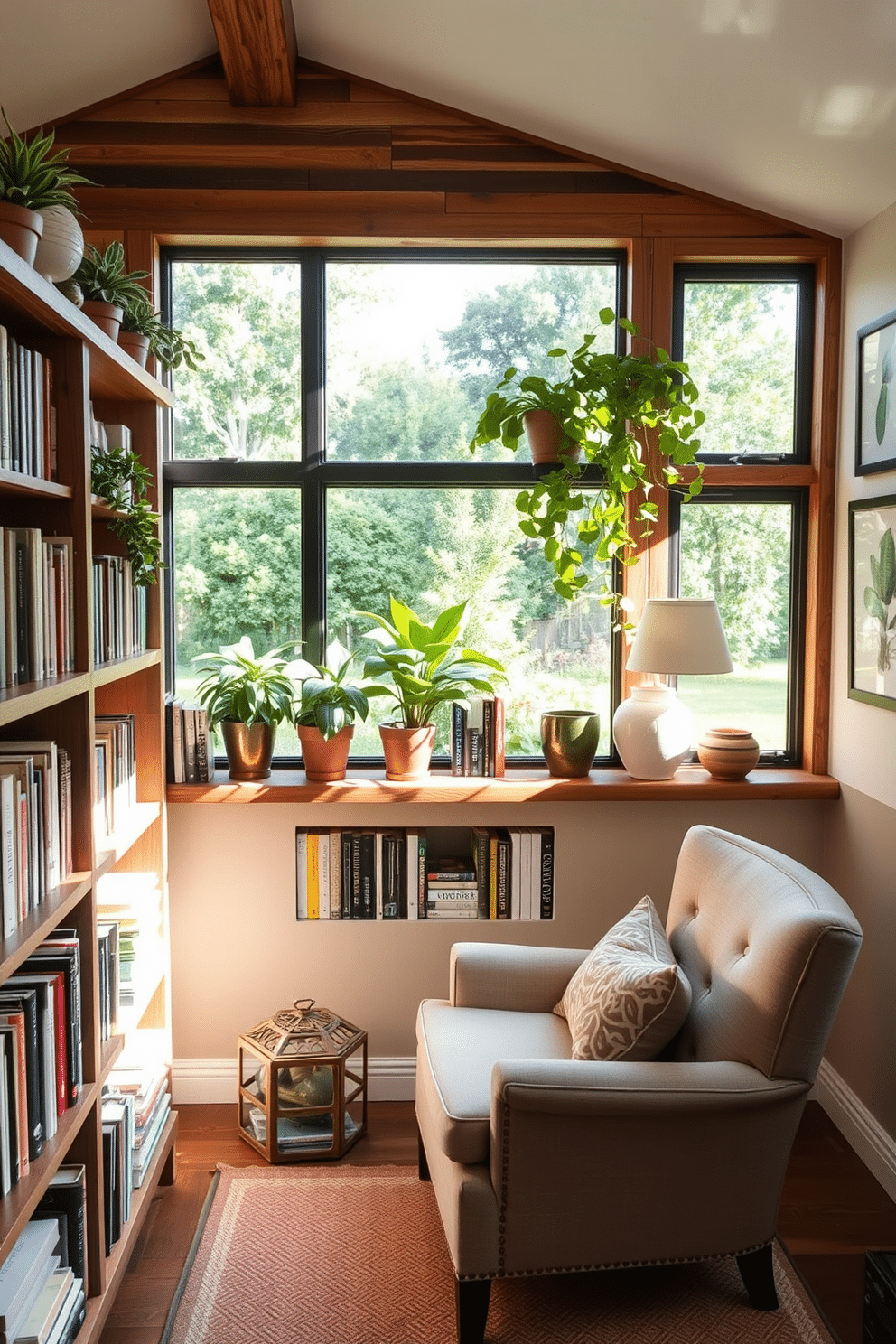 A cozy garden home library featuring creative use of reclaimed wood for shelves. The shelves are filled with an eclectic mix of books and decorative plants, creating a warm and inviting atmosphere. Natural light floods the space through large windows, illuminating a comfortable reading nook with a plush armchair. The walls are adorned with botanical prints, enhancing the connection to the garden outside.