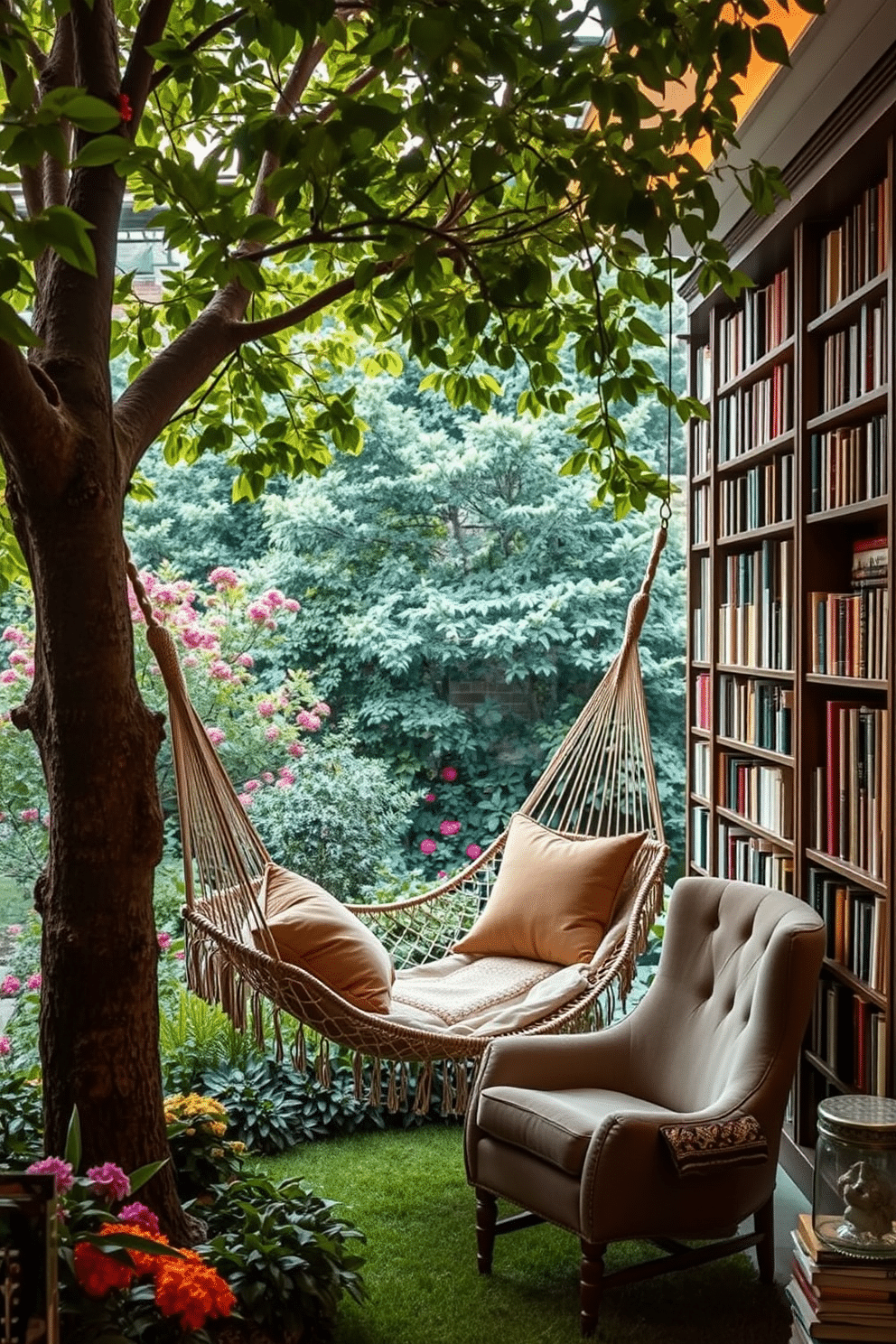 A cozy reading hammock is suspended between two sturdy trees in a serene garden nook, surrounded by lush greenery and colorful blooming flowers. Soft cushions in earthy tones are placed on the hammock, inviting relaxation while a gentle breeze rustles the leaves above. The garden home library features floor-to-ceiling bookshelves filled with an eclectic collection of books, illuminated by warm, ambient lighting. A plush armchair sits in the corner, accompanied by a small wooden side table, creating an inviting space for reading and reflection.