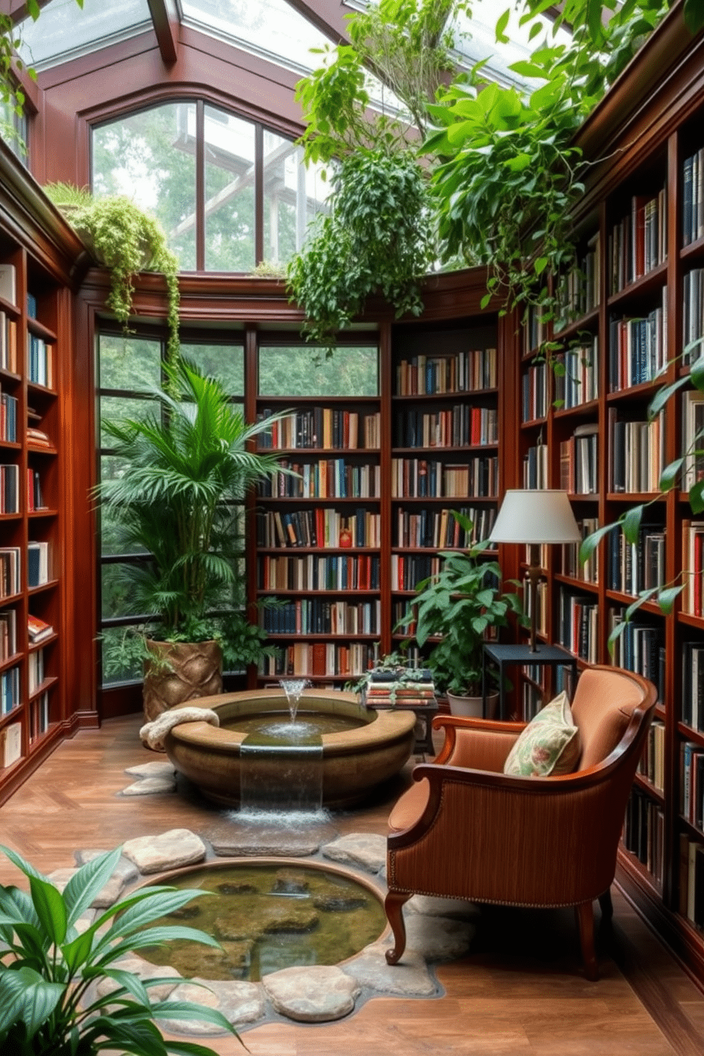 A serene garden home library featuring a small indoor water feature. The space is adorned with lush greenery, creating a tranquil atmosphere complemented by the gentle sound of flowing water. The library is designed with floor-to-ceiling bookshelves made of rich mahogany, filled with an array of books. A cozy reading nook is positioned near the water feature, with a plush armchair and a small side table for beverages.