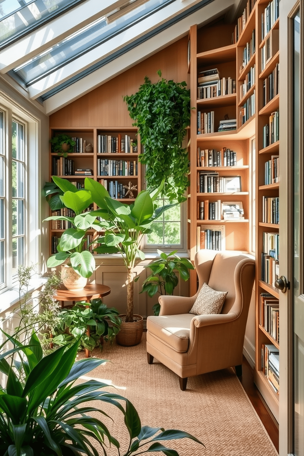 A sunlit corner features a cozy seating arrangement with a plush armchair and a small side table, bathed in natural light from large windows. Lush indoor plants are strategically placed around the area, enhancing the inviting atmosphere. The garden home library is designed with built-in bookshelves that reach the ceiling, filled with an eclectic mix of books and decorative items. A large, comfortable reading chair is positioned near a window, offering a perfect nook for enjoying a good book surrounded by greenery.