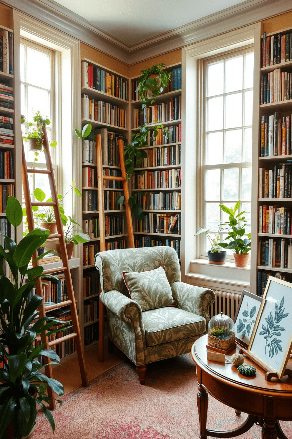 A personal library with a botanical theme features floor-to-ceiling bookshelves filled with an array of books, interspersed with lush green plants in decorative pots. A cozy reading nook is created with a plush armchair upholstered in a leaf-patterned fabric, positioned near a large window that lets in natural light. The walls are painted a soft, earthy tone, enhancing the organic feel of the space. A wooden ladder leans against the shelves, while a vintage wooden table holds a collection of botanical prints and a small terrarium, adding to the serene atmosphere.